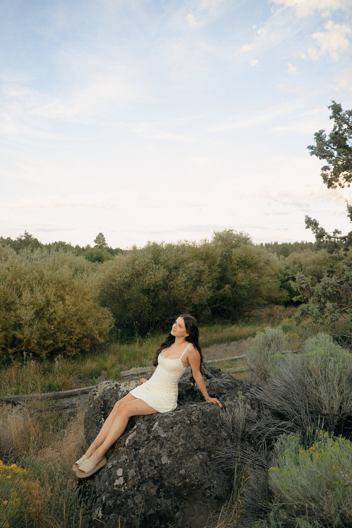 Soft Light Senior Portrait of Girl in Navy Dress Smiling in Meadow Surrounded by Greenery