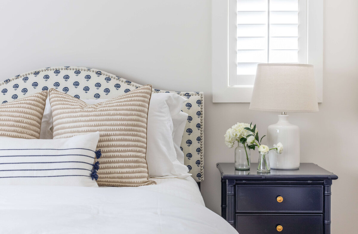 Amelia Island Coastal Bungalow Lola Interiors Blockprint headboard