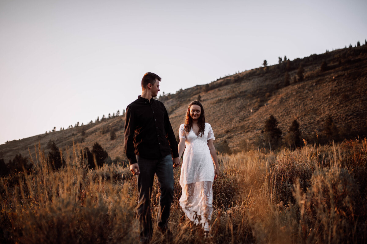 Idaho Falls engagement photos with man holding hands with his fiance as he leads her through a golden field with a mountain in the distance