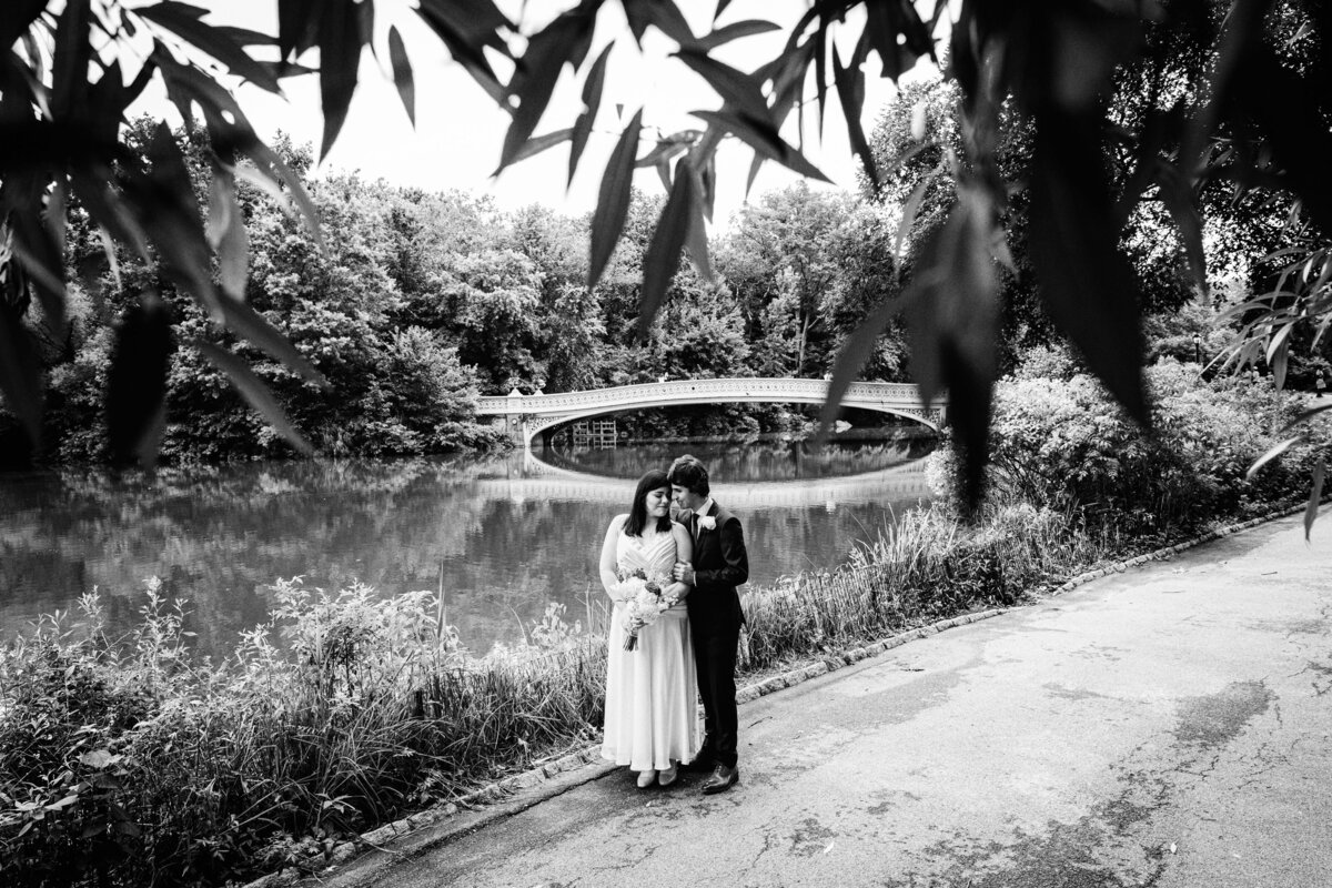 Wedding portrait by the Bow Bridge in Central Park in Summer.
