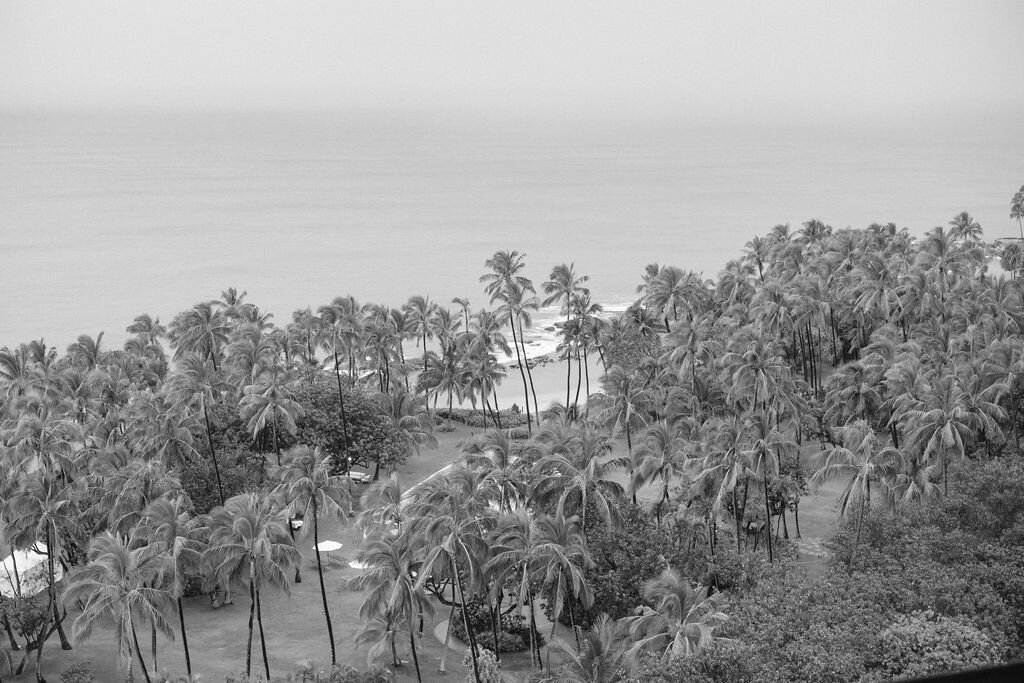 black and white drone view of lanikuhonua wedding venue