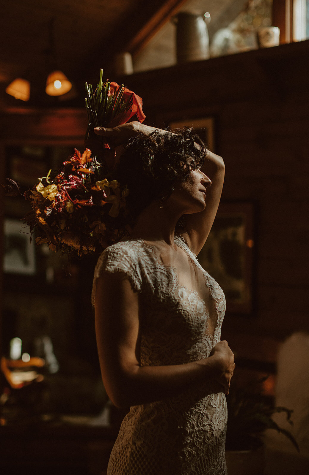 moody bridal portrait with flowers