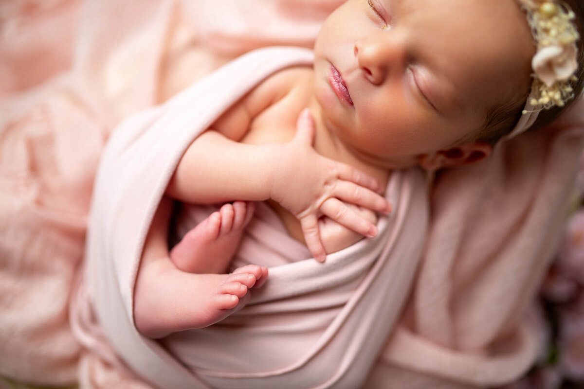 Detailed newborn portraiture of baby girl in pink and closeup of hand, face and feet 