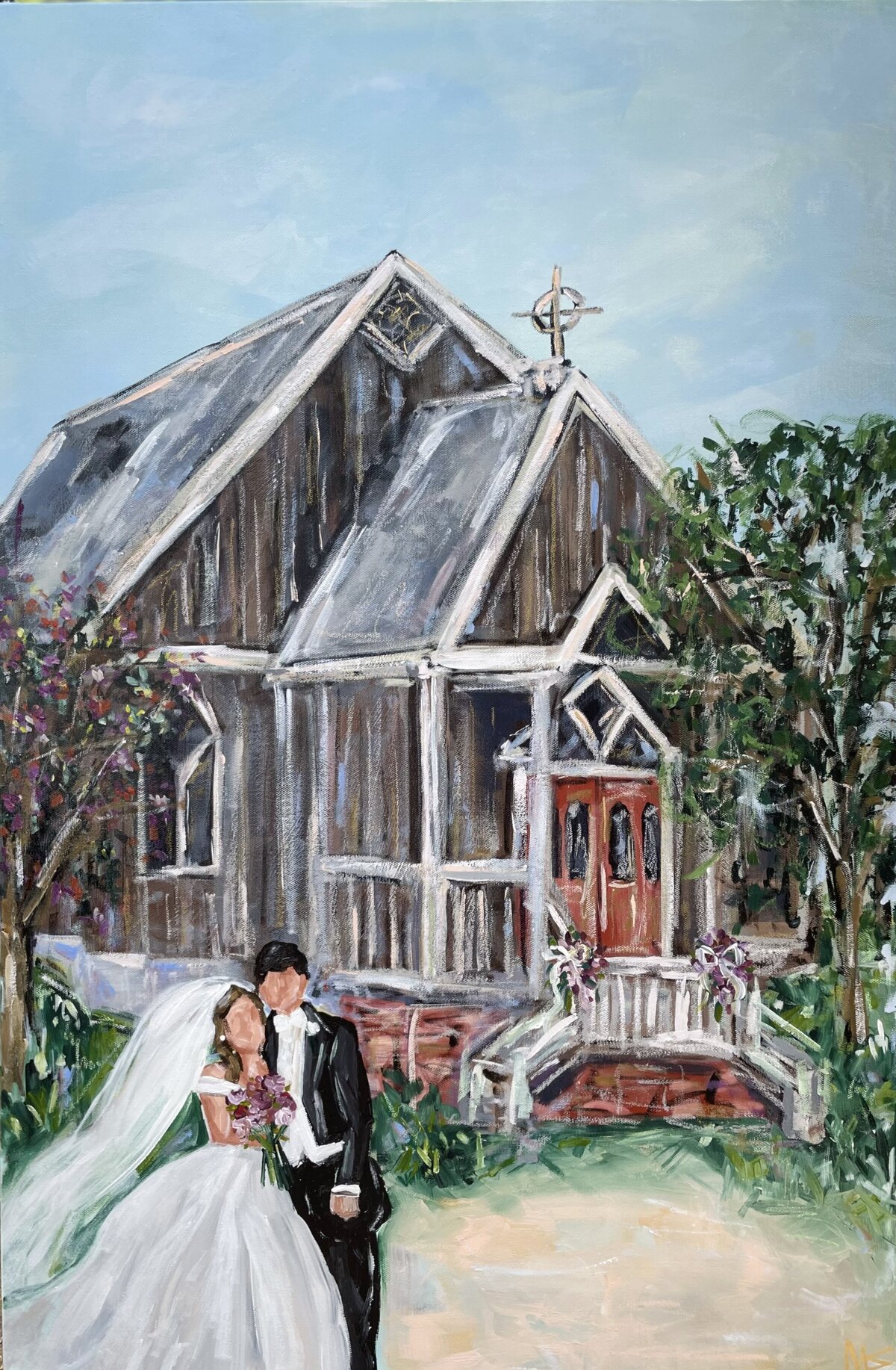 Commissioned painting by Miriam Shufelt, wedding painting in front of chapel