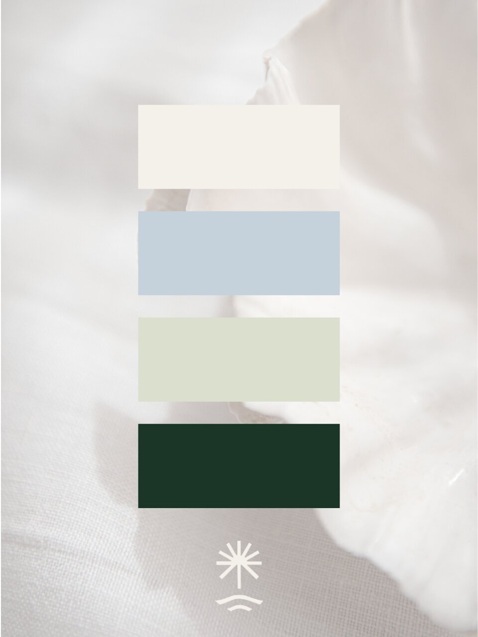 Brand color palette for MPR Ministries with four swatches in ivory, coastal blue, soft sage, and deep forest green displayed over a light shell-textured background.