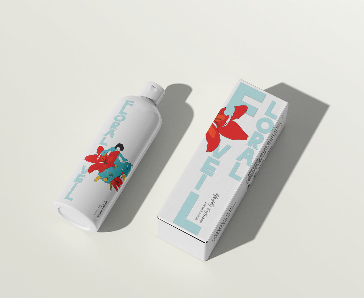 A bottle and box with floral graphics on a light background.