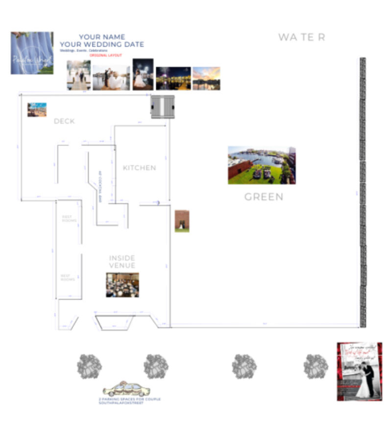 Venue Layout of Palafox Wharf Waterfront Venue.  historical venue with preserved architectural details.  Hi Ceilings, climate controlled spaces, state of the art sound and cafe lighting.  huge skylights inside the venue, wedding venues in pensacola, fl, historic venue, event space, unique wedding venue, modern elegance, flexible layout, climate-controlled, new state-of-the-art sound system, caterer's kitchen, downtown pensacola, sustainablty, community spirit, personalized service, gulf coast celebration