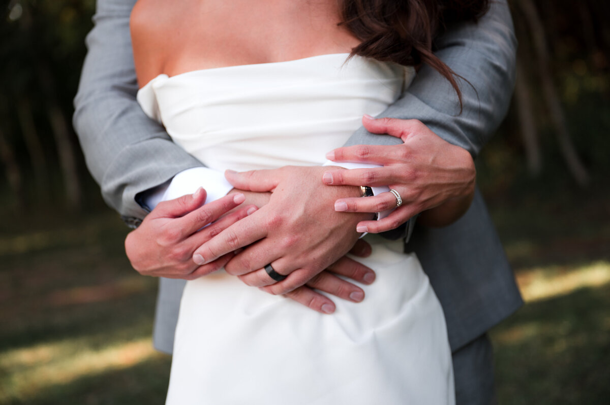 close up of wedding rings on newly married couple