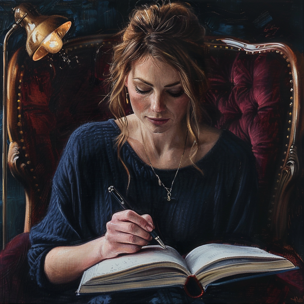 reigncongrejo_woman_writing_in_journal_navy_background_black__07a9db1a-fc67-4596-a8e2-1aab0de33a03_0