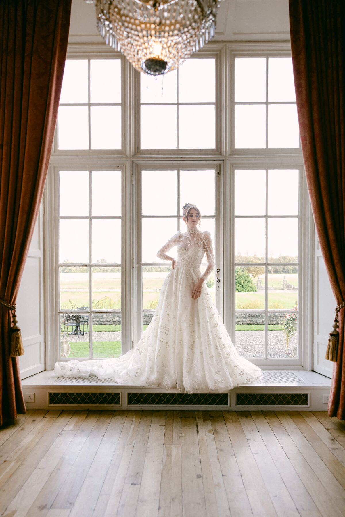 A wedding day portrait of the bride in her white wedding dress at Luttrellstown Castle