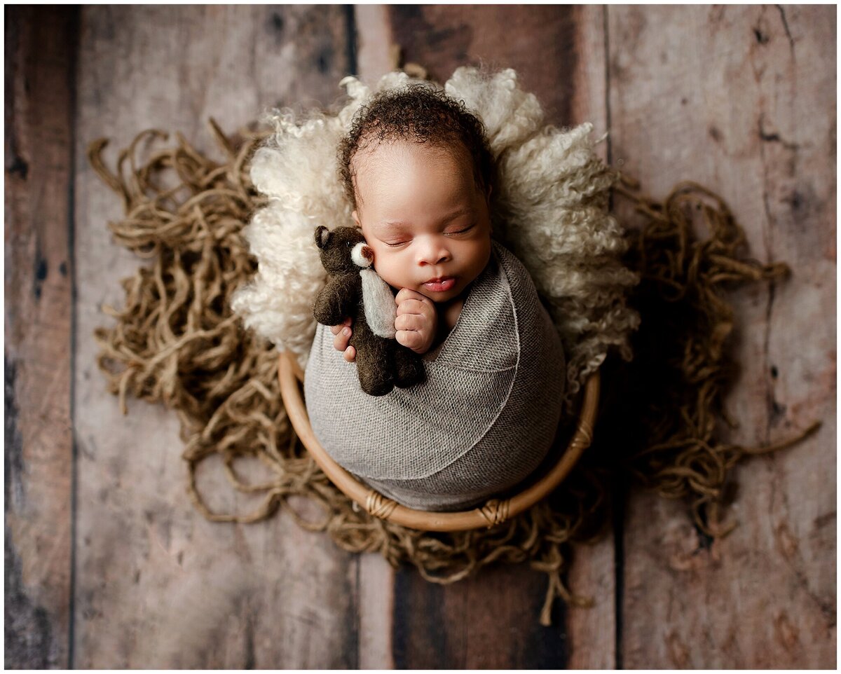 brooklyn baby photographer newborn holding  teddybear