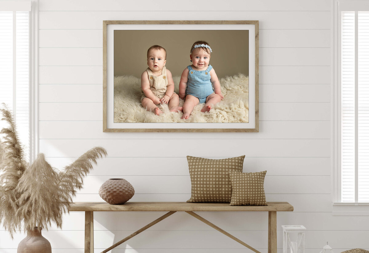 Large frame with twin baby picture in a modern entry way.