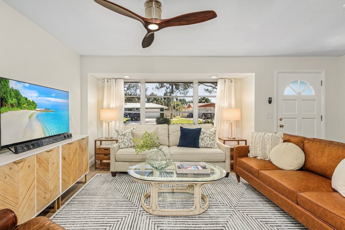Short term rental living room  with blue accents