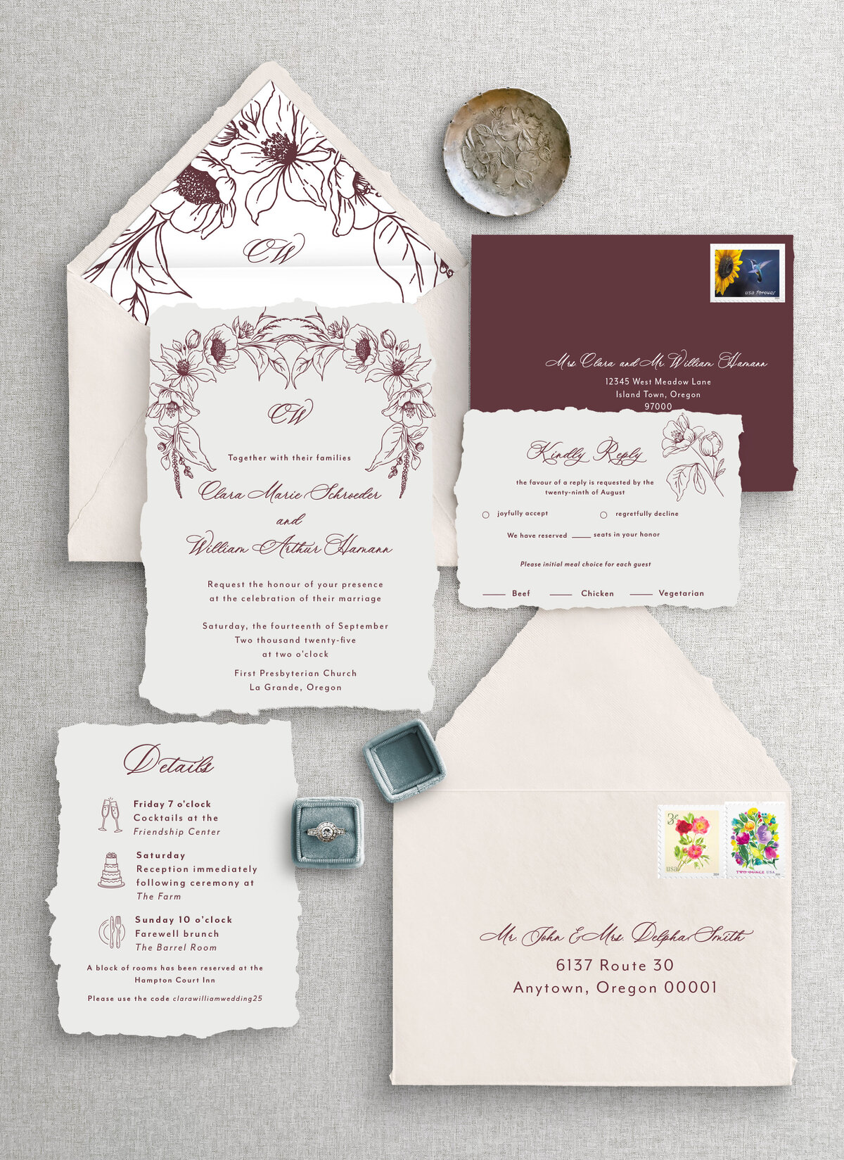 The Clara suite. Letterpress on handmade paper featuring large florals. Flowy script font for names contrasts with simple sans serif font 
