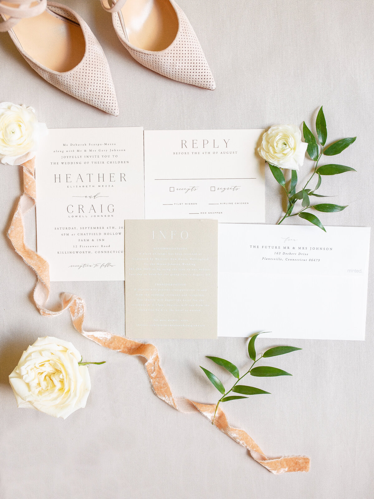 Minted invitation suite and bridal shoe details.