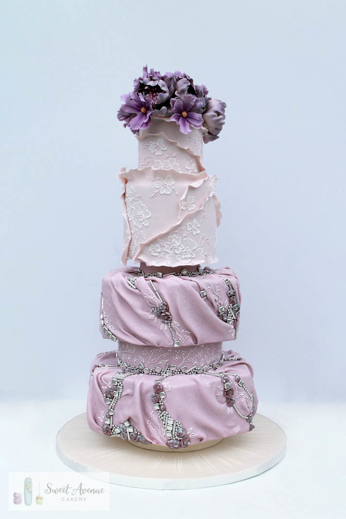 vintage fashion inspired wedding cake with lace and sugar flower topper, wedding cakes Burlington