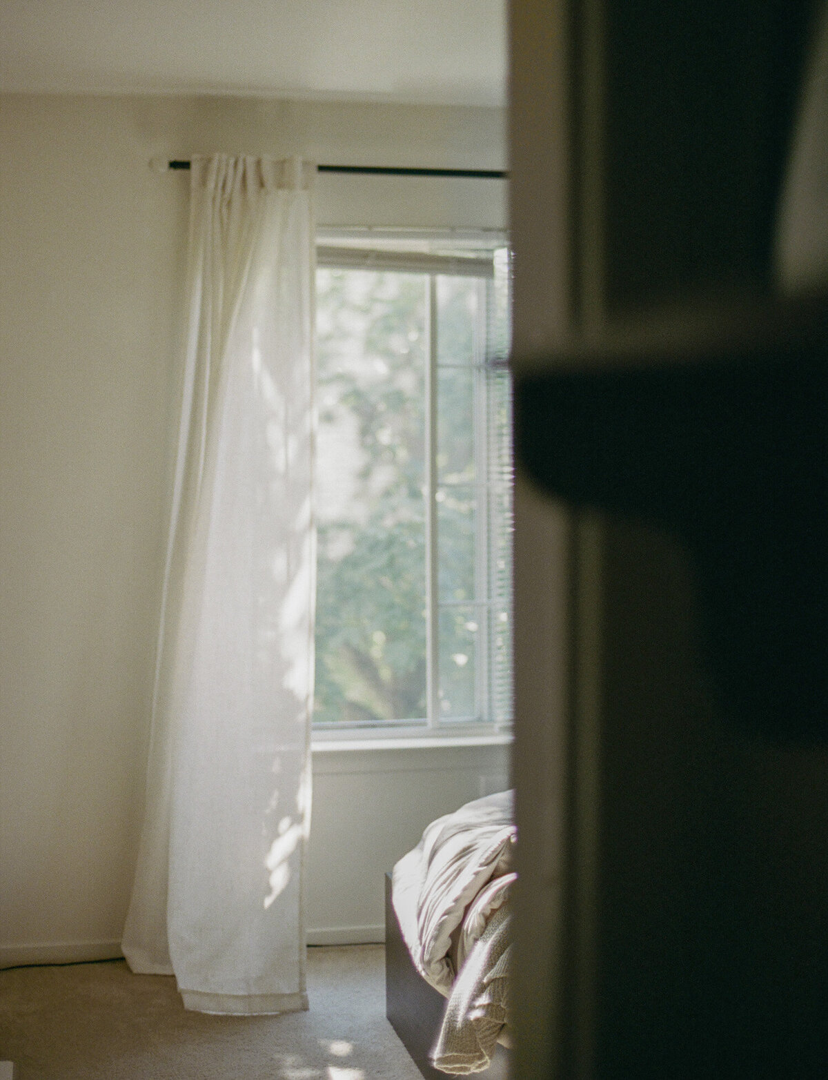 apartment bedroom design, sheer curtains, interior branding photography, film branding photo