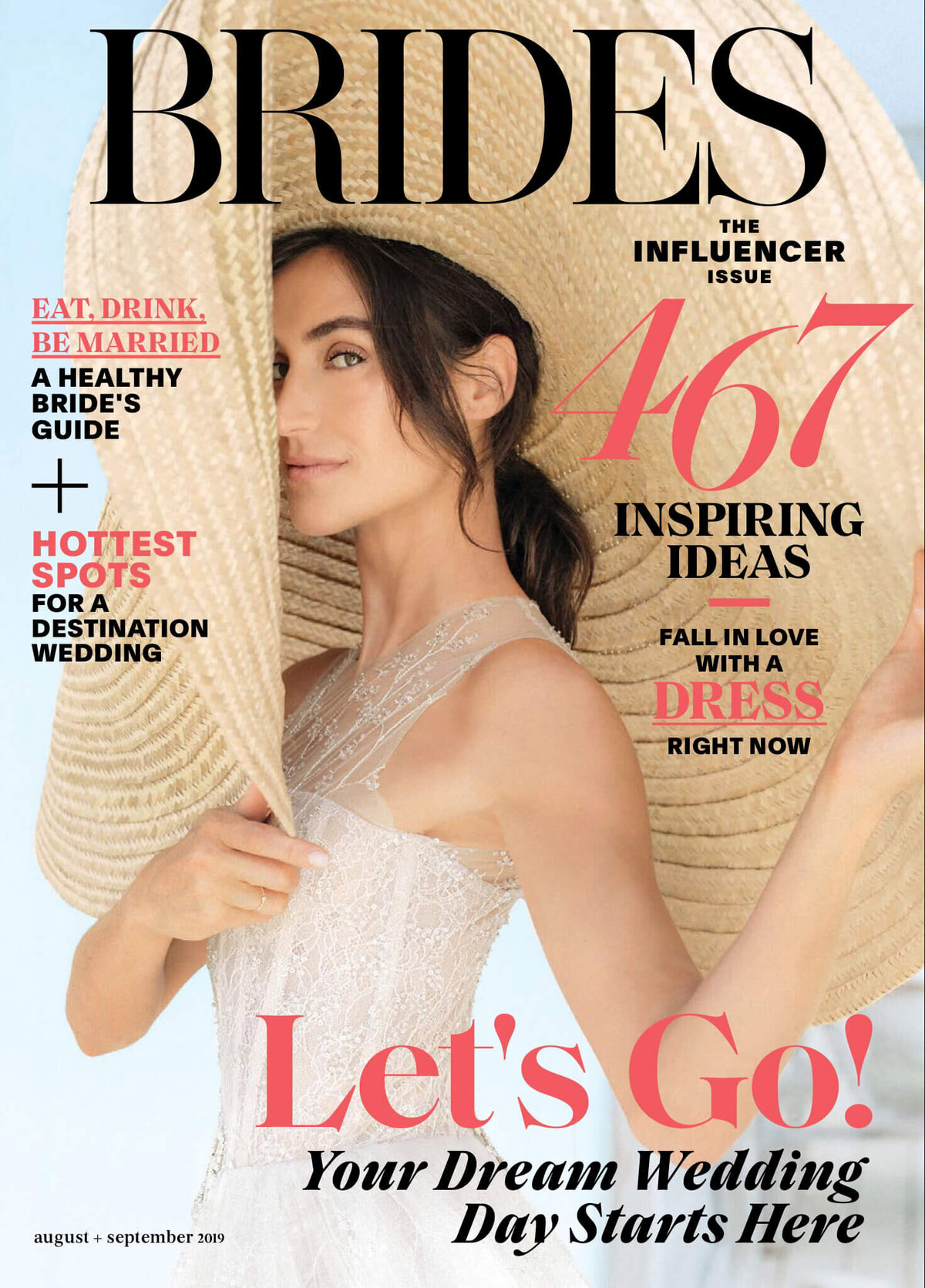 The bride is wearing a large native hat. Brides magazine cover by Jenny Fu Studio