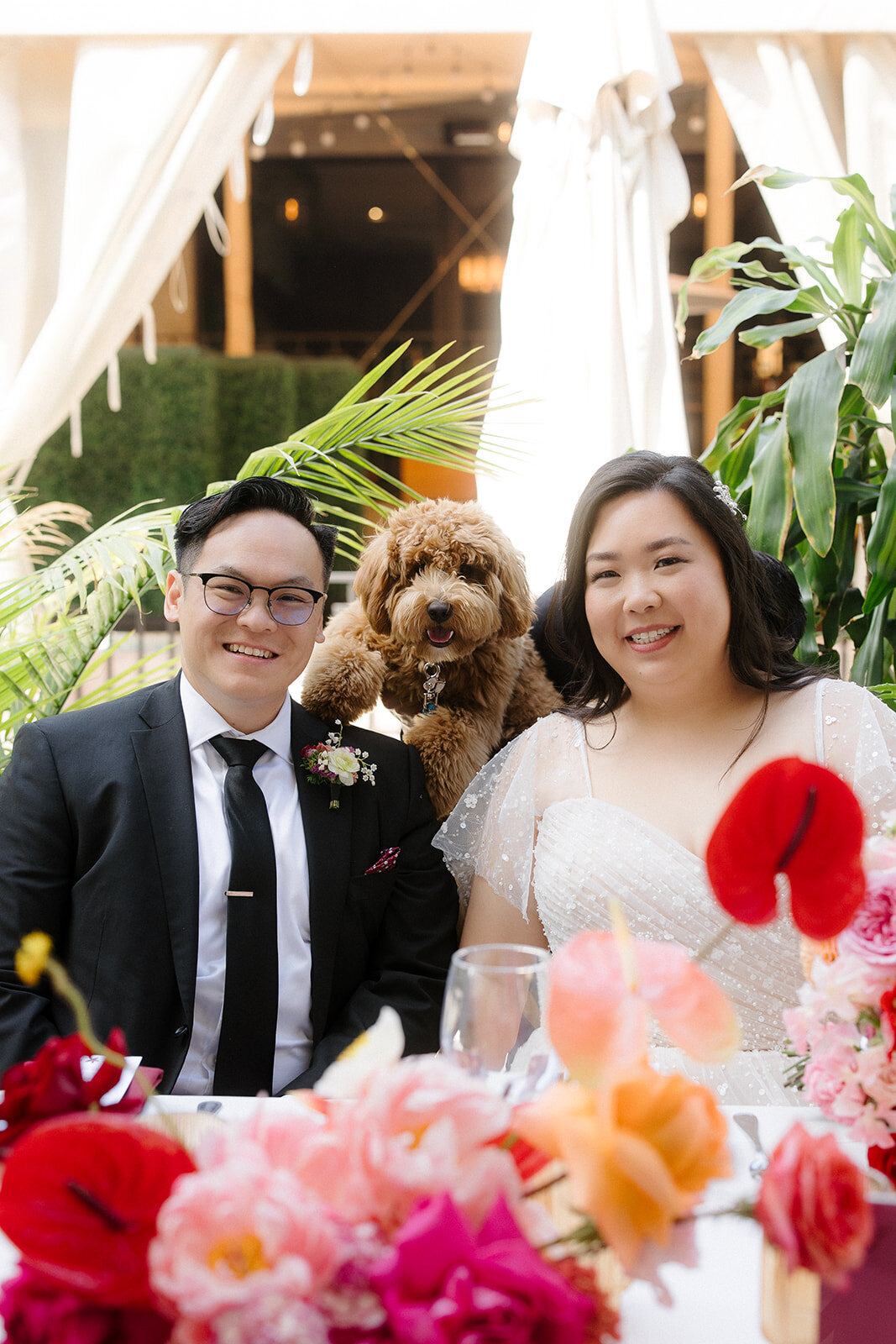 Asian wedding couple with dog at Rossoblu wedding venue