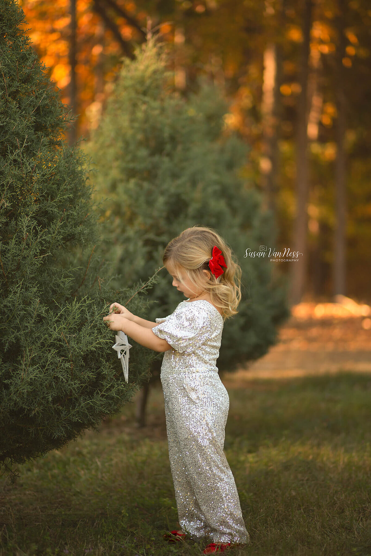 Little girl hanging Christmas ornaments at a tree farm enjoying her children's photography