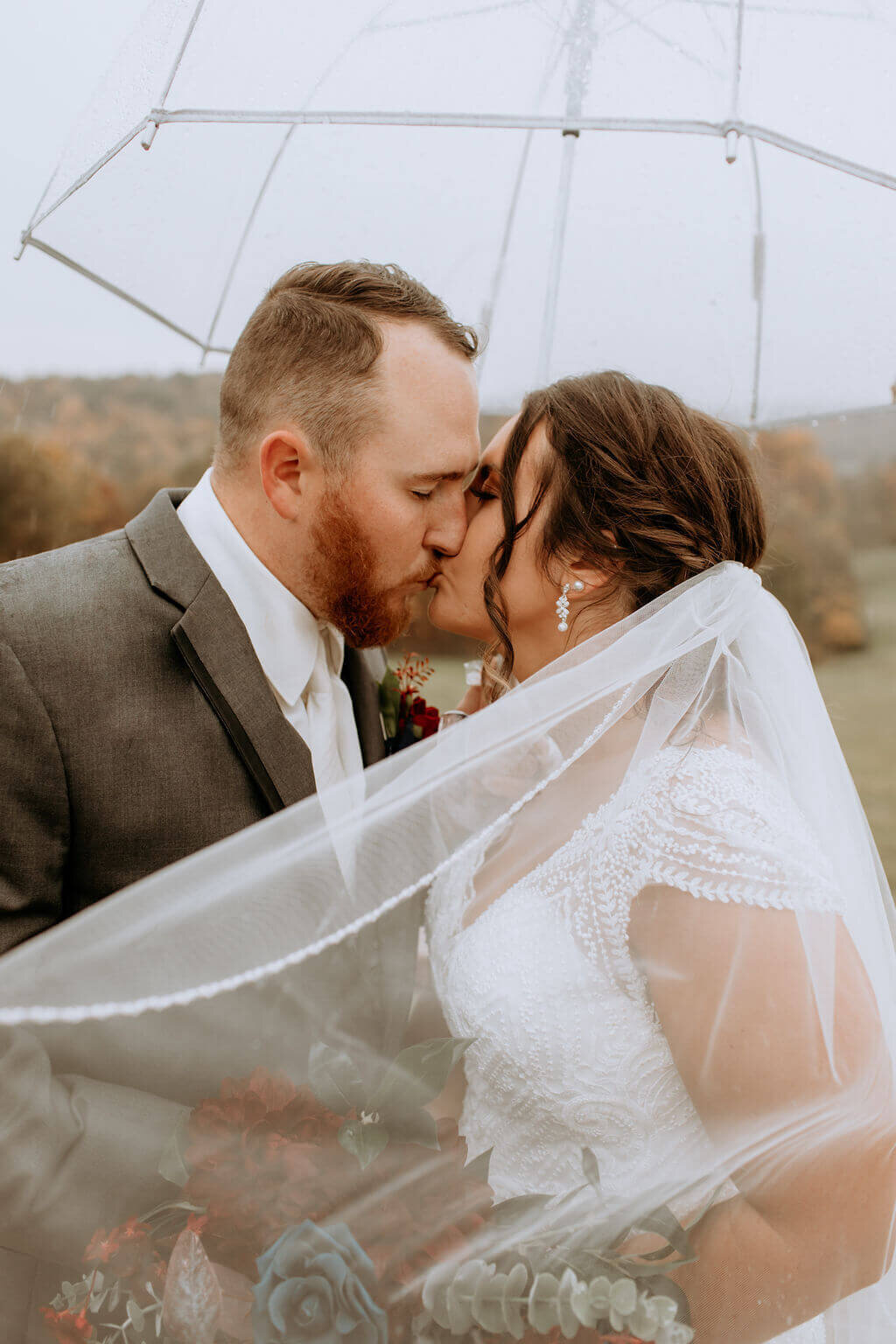 wedding couple kissing with veil