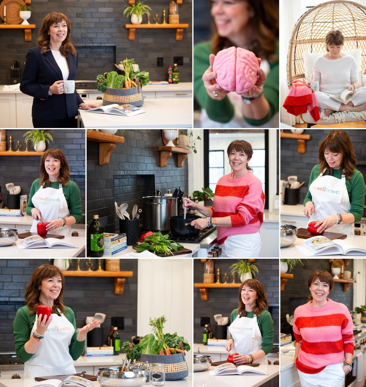 a collage of photos of a nutritionist in a kitchen preparing healthy meals to support brain health.  Captured on-location at Maple & Rose accommodations in Merrickville by Ottawa Branding Photographer JEMMAN Photography COMMERCIAL