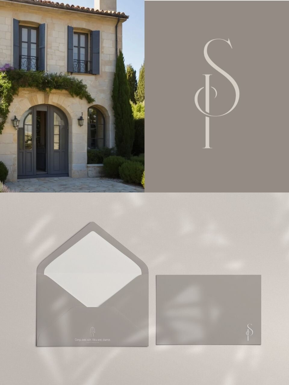 Branding applications for Seraphina Interiors featuring a French-style stone façade and stationery suite in Mink Gray with delicate monogram and tagline—capturing the refined charm of Paris & Provence living.