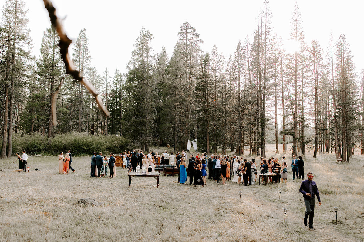Truckee Wedding Planners guests gathering in meadow during cocktail hour at venue Mitchells Mountain Meadows Sierraville near Truckee, Joy of Life Events image by The Shepards Photography