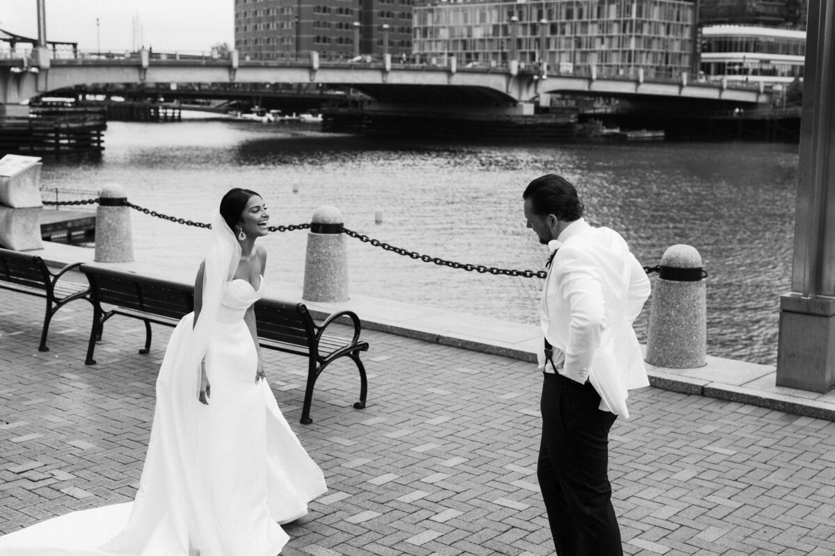 Bride and Groom First Look Boston Harbor