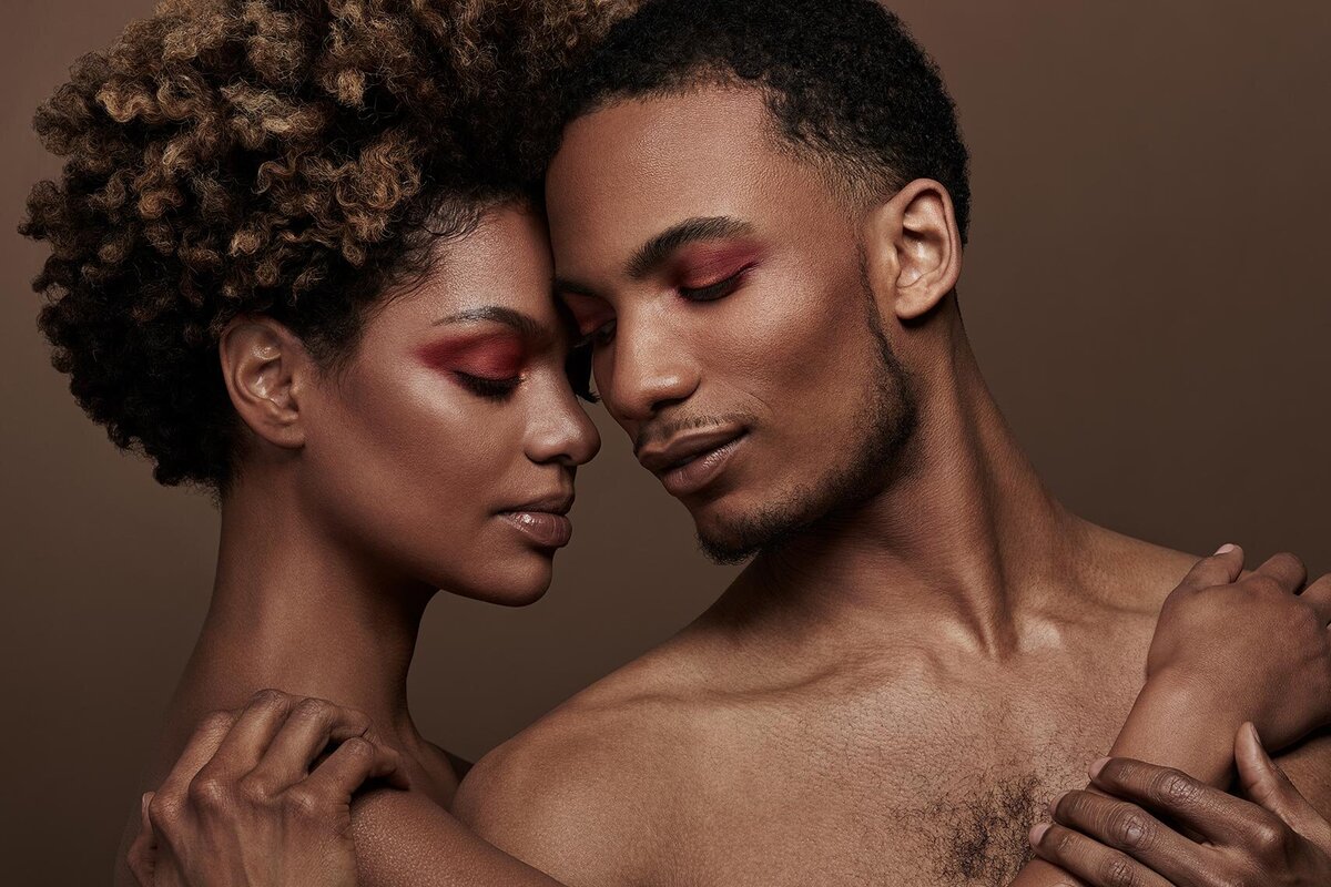 Artistic portrait of Fana Martell with a second model, showcasing beauty and connection, shot by Ylva Erevall.