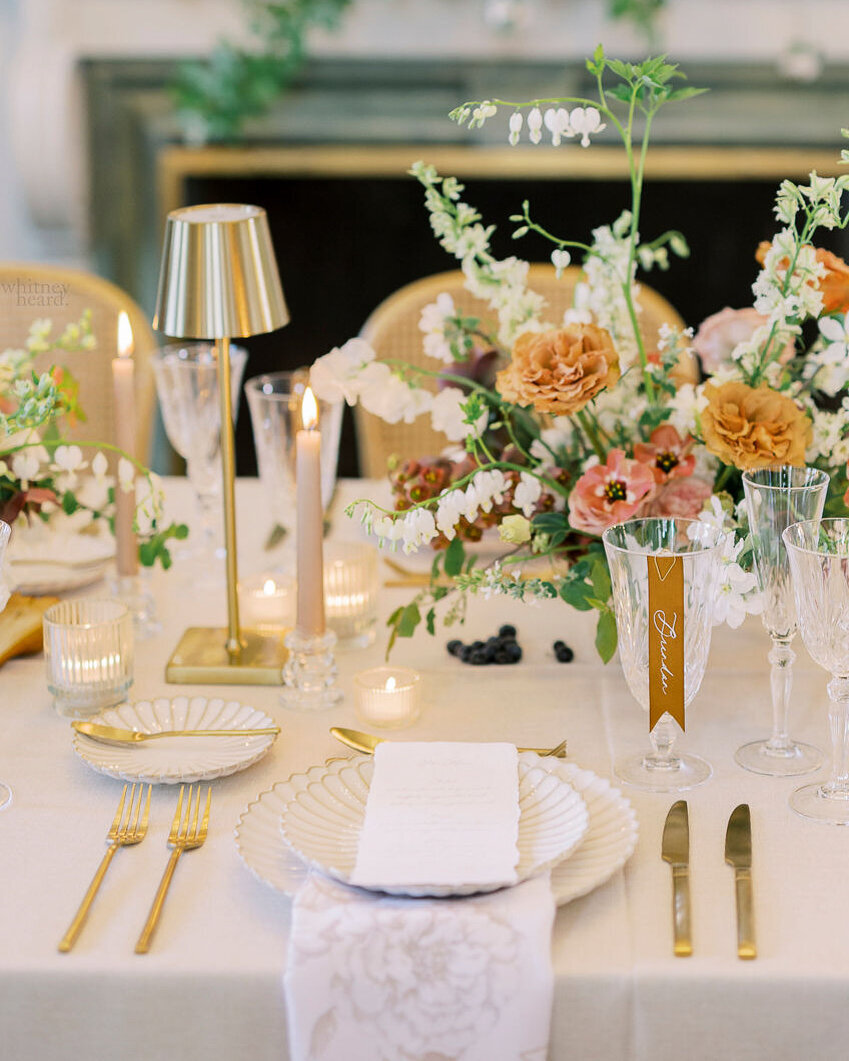 Romantic handmade paper menu with caramel satin ribbon place card 