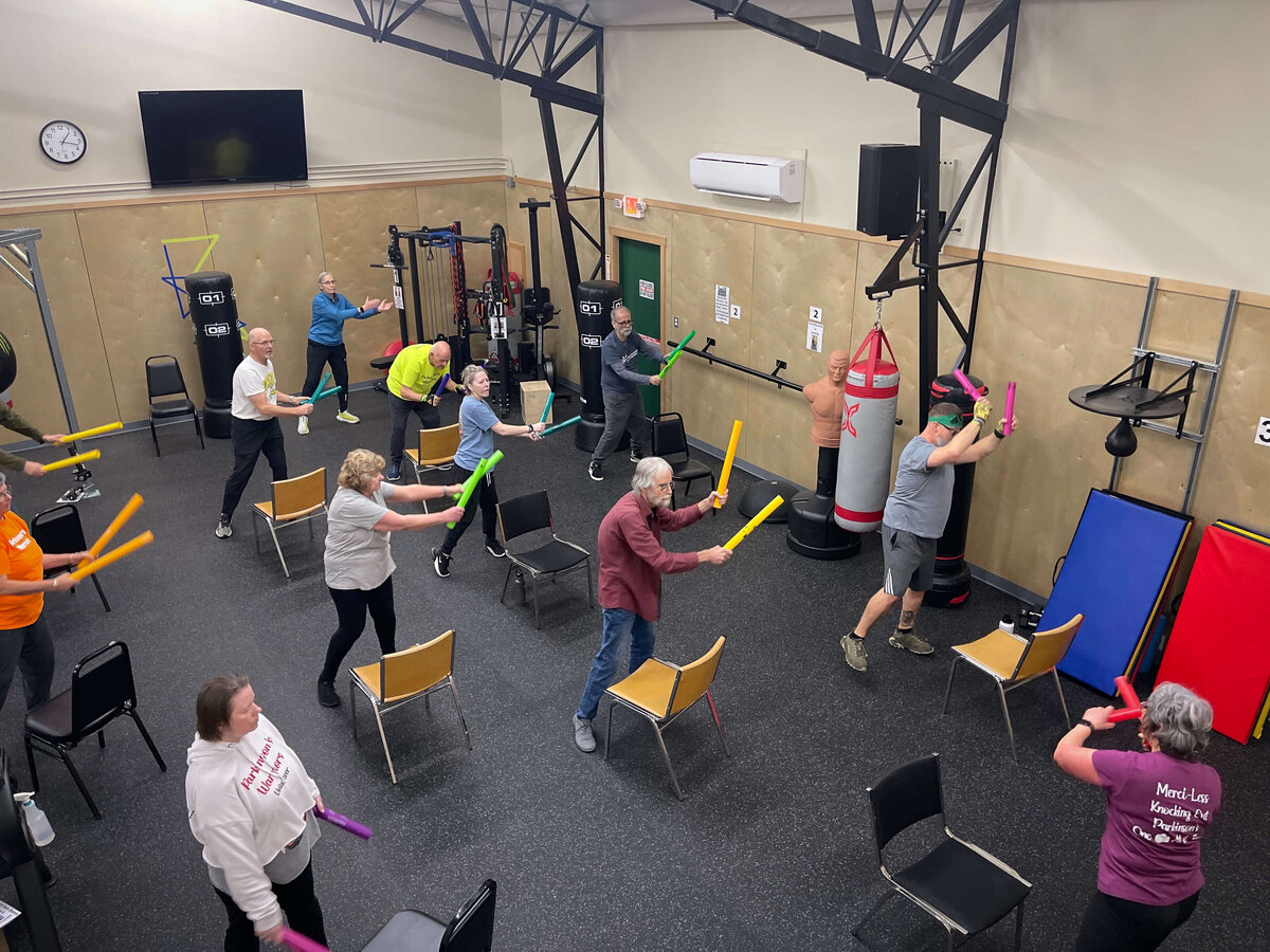 A group of Parkinsons warriors follow along in a Parkinson's boxing and exercise program. 