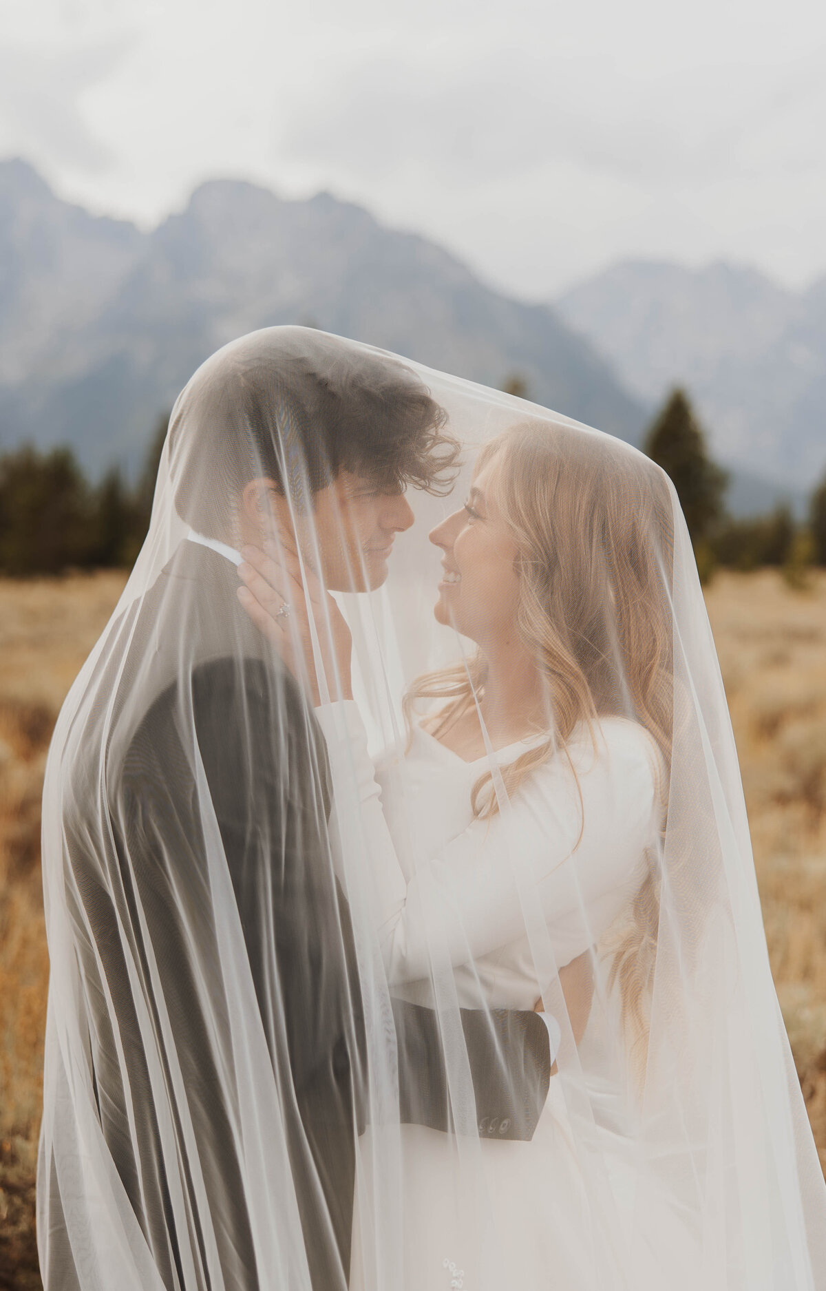 bride and groom kissing under veil