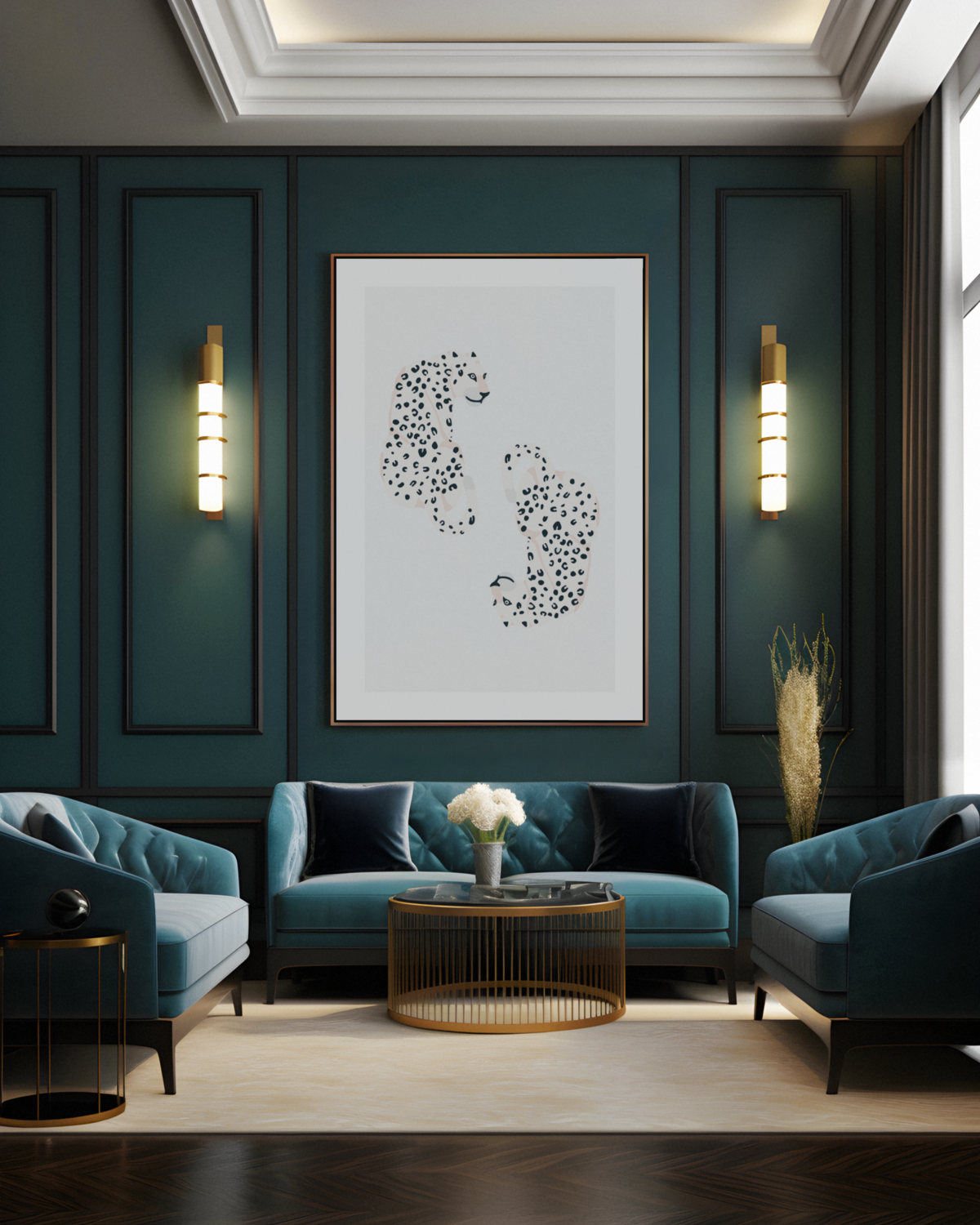 A modern living room with teal walls, velvet sofas, a round coffee table, wall sconces, and framed leopard artwork above the seating area—styled with Sweet Pea Ink Creative’s impeccable eye for brand design.