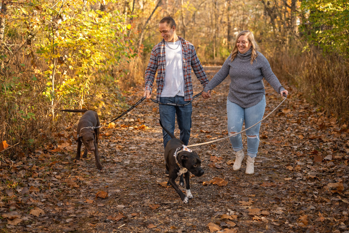 Couple happily walks their two dogs on a trail.