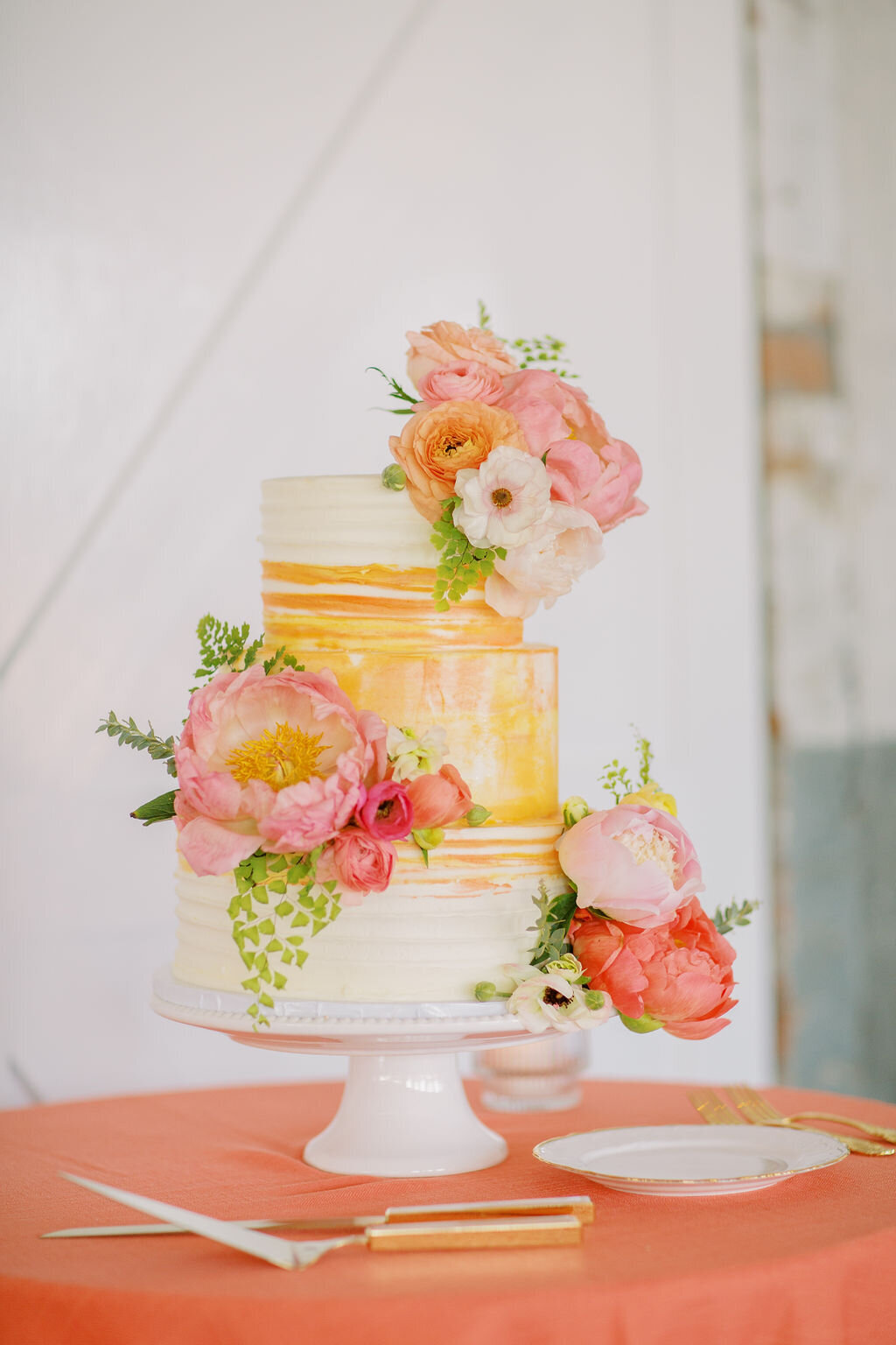 Colorful Pink, Orange, White Wedding Cake by Scratch Bakeshop with Verve Event Co. 1