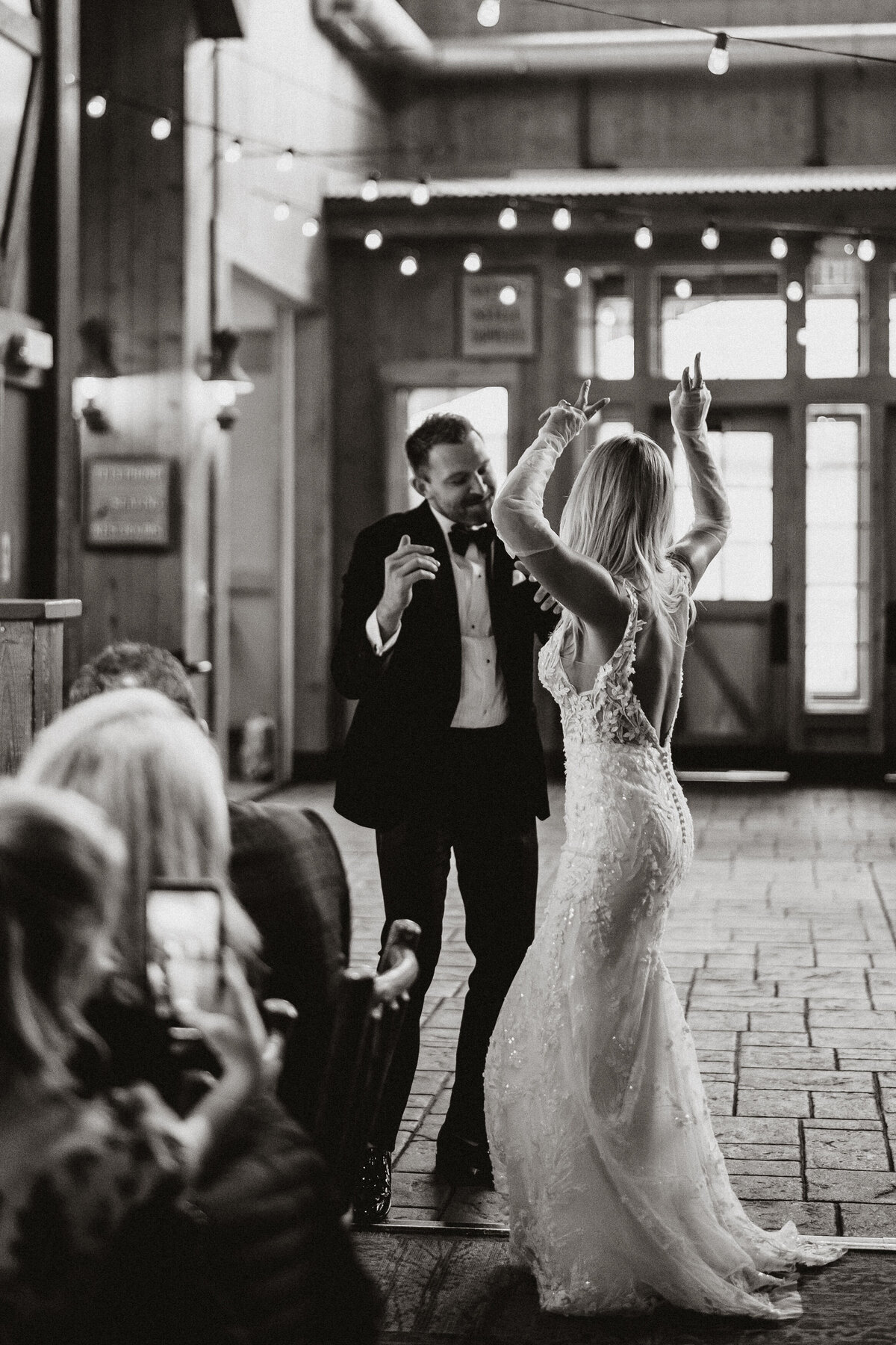 Bride and groom’s fun first dance at Ten Mile Station, documented by Breckenridge wedding videographer.
