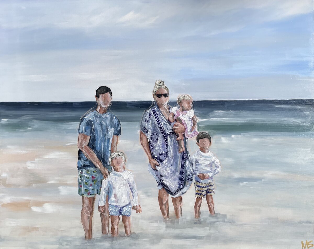 Commissioned painting by Miriam Shufelt, family at the beach