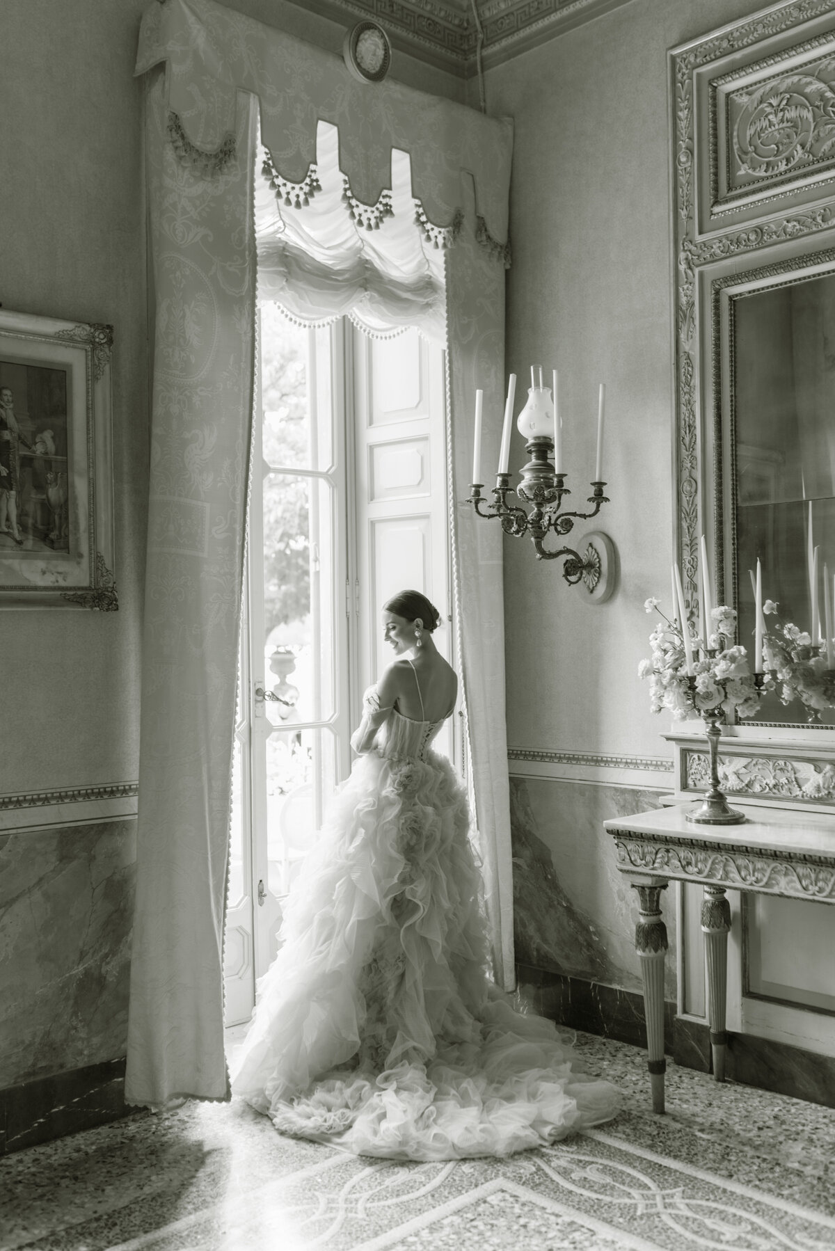 Bride by window in Villa Pizzo, Lake Como Wedding Photographer