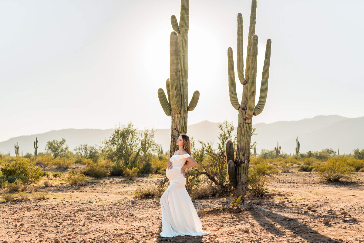 mother-to-be showing off maternity silhouette with saguaro cacti surrounding