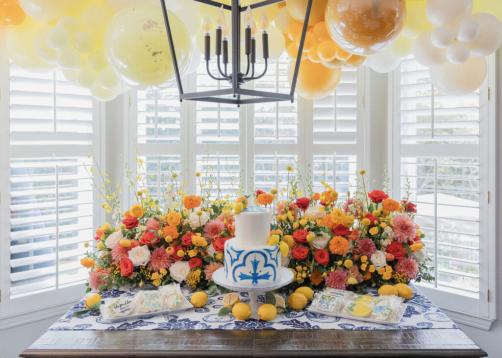 cake backdrop, citrus tones, greece, blue, dessert table, balloons