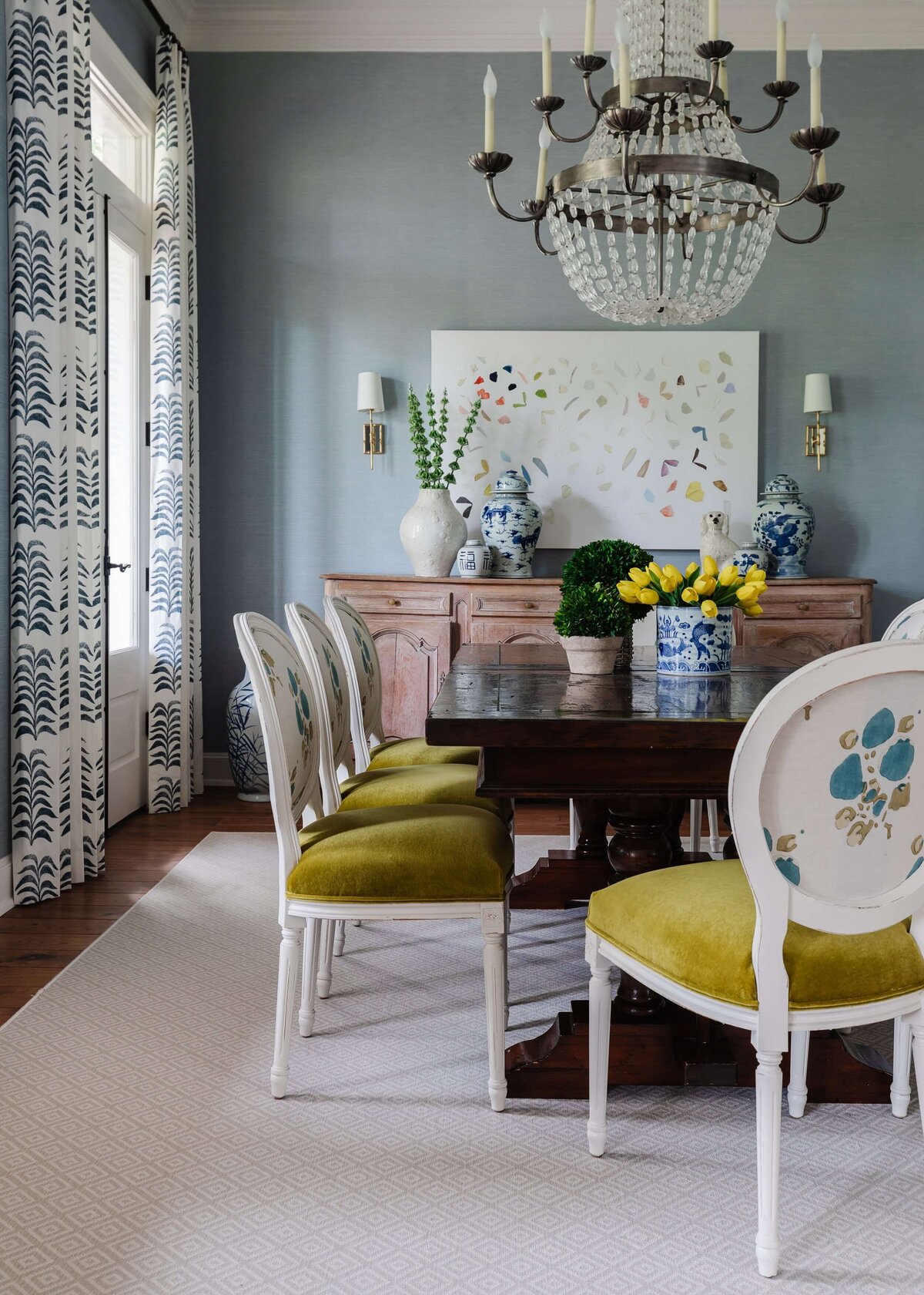 oyster creek studios home on the range white chairs with chartreuse cushions in dining room