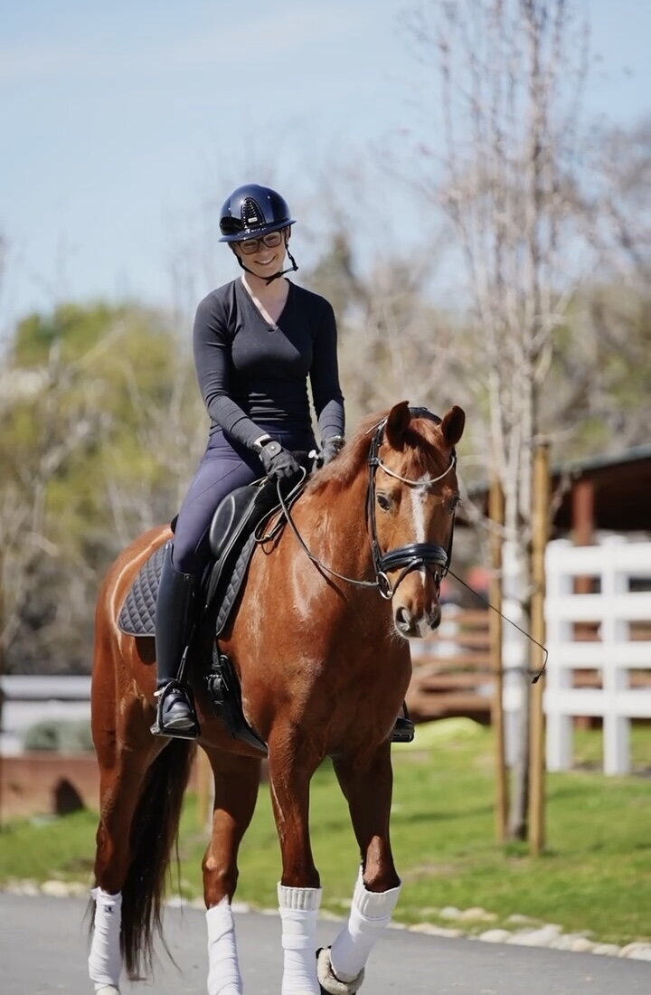 An FEI rider riding a large chestnut horse, she is wearing a KEP helmet, the horse is wearing a gray LeMieux saddle pad