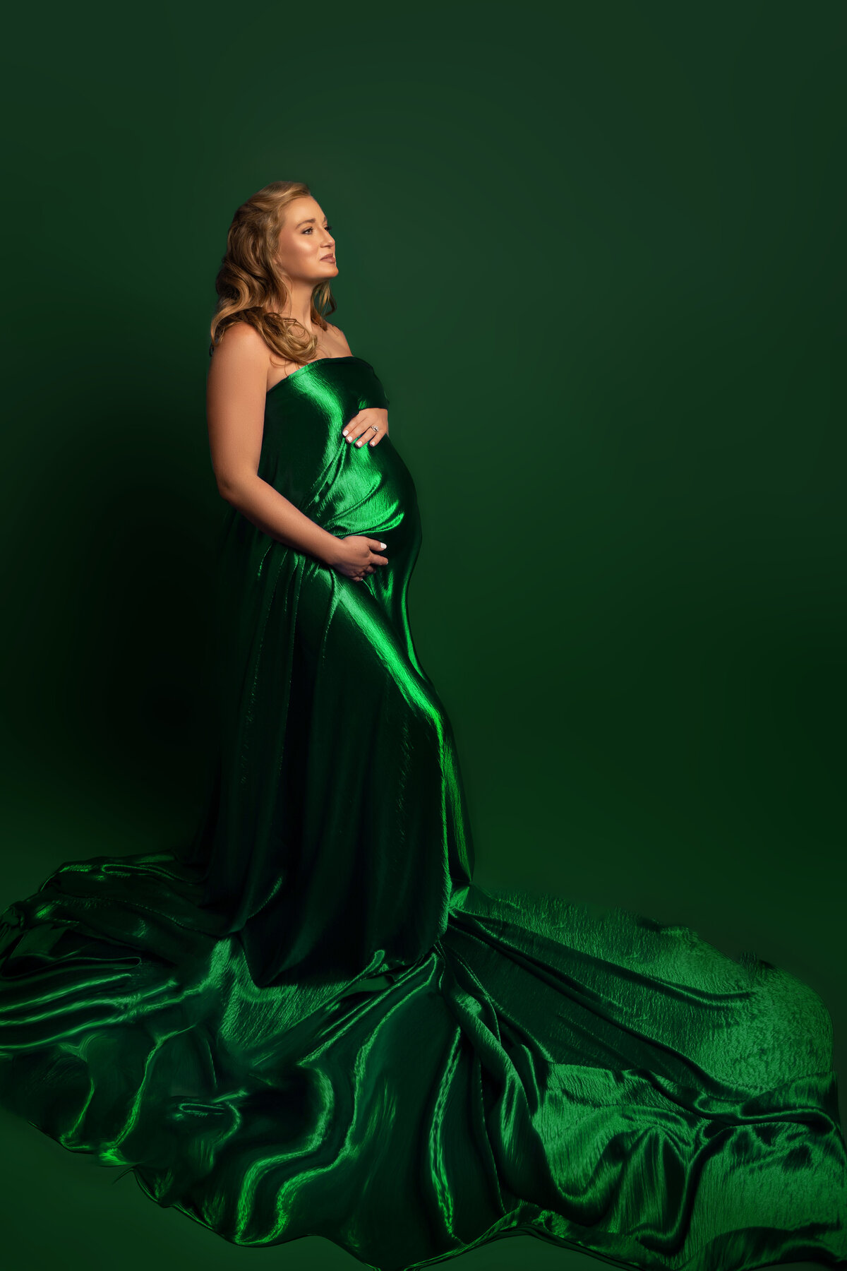 fabric green pregnant belly blonde woman side view