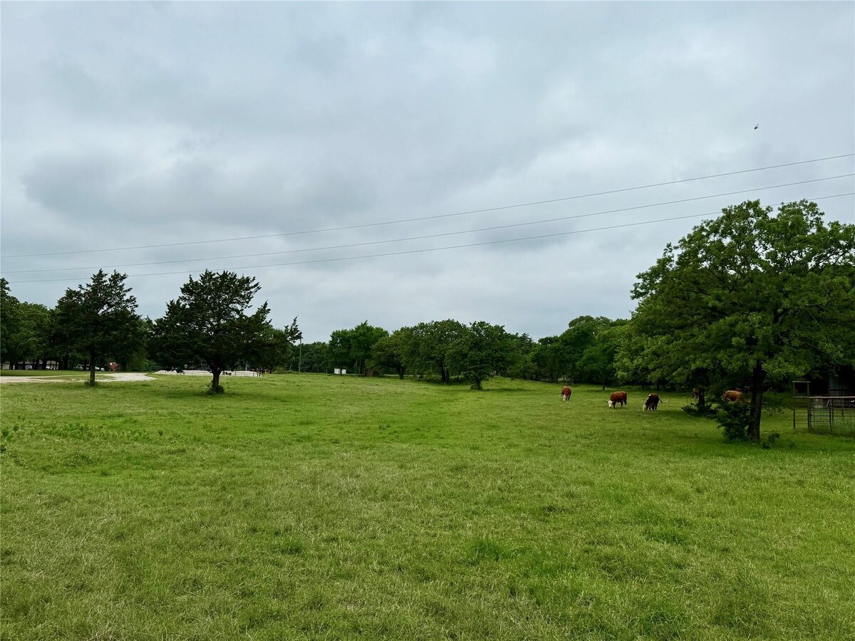 Aerial view of 16 acres with mature trees and pond in Collinsville, TX
