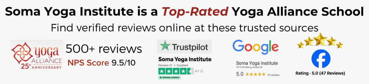 A banner recognizing Soma Yoga Institute as a top-rated Yoga Alliance school with excellent reviews.