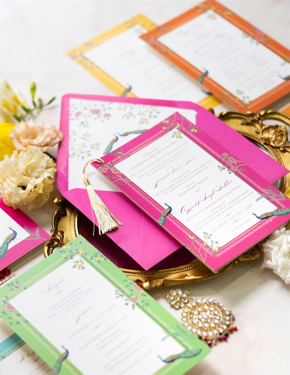 Multicolor & vibrant peacocks Sikh wedding invitation 6