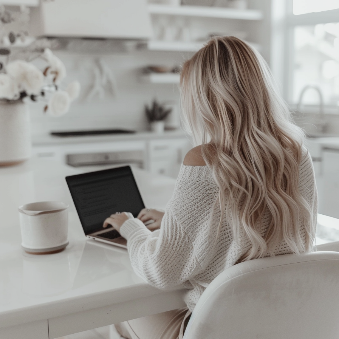 Frau mit langen, blonden Haaren sitzt an einem Laptop in einer modernen, hellen Küche. Text-Overlay: 'Automatically Beautiful' – Effizientes Branding und smarte Automatisierung für dein Online-Business.
