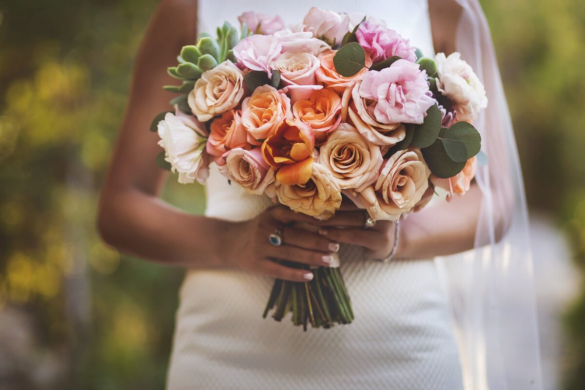 Close up of bridal bouquet at wedding in Riviera Maya