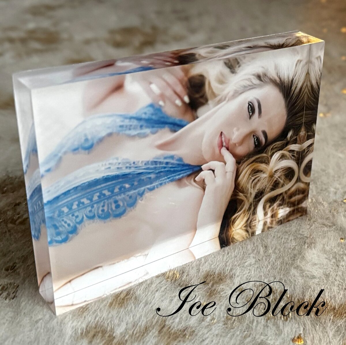 5x7 Ice Block of a woman with blonde hair in blue lingerie